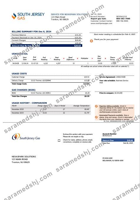 USA New Jersey gas business utility bill template in Word and PDF formats
